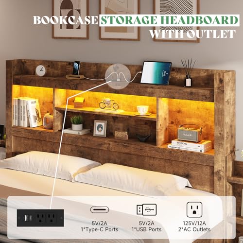 Queen Bed Frame with 4 Storage Drawers and Bookcase Headboard N61115