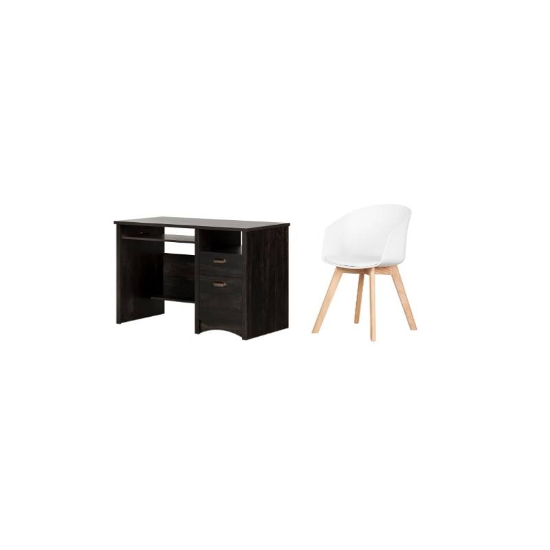 Rubbed Black Desk and White and Wood Chair Set X749798