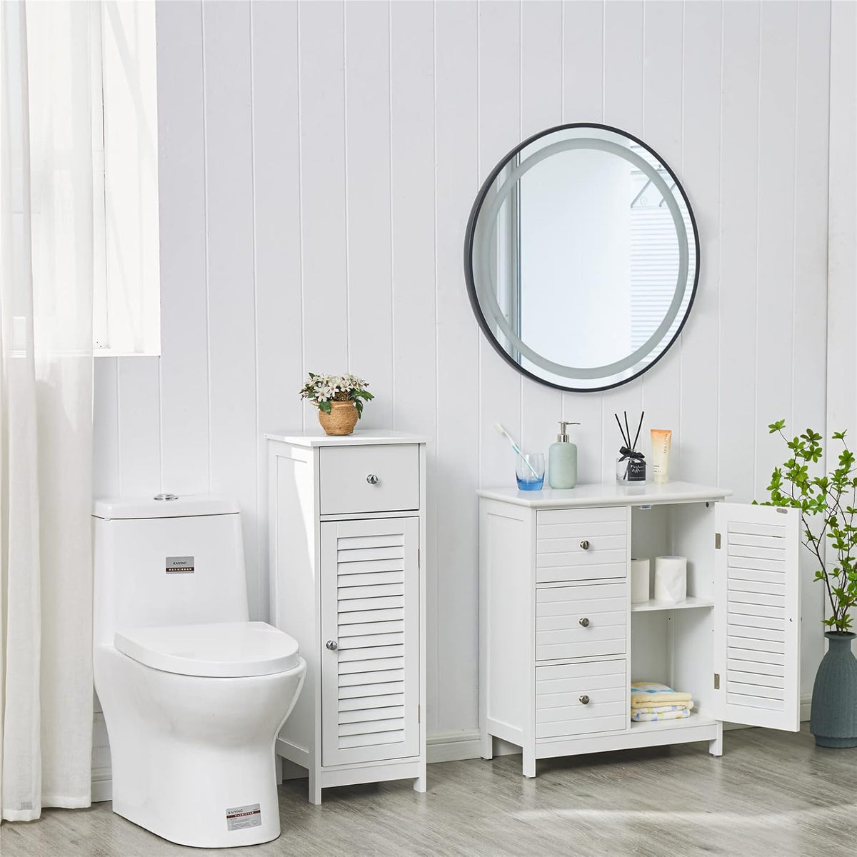 White Bathroom Storage Cabinet with 3 Drawers and 1 Two Layers Cabinet L421760