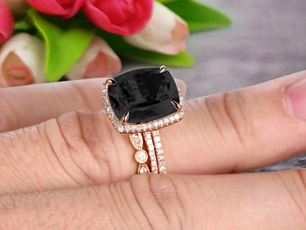 3 Carat Cushion Cut Black Diamond Moissanite Trio Set Ring On 10k Rose Gold N4580