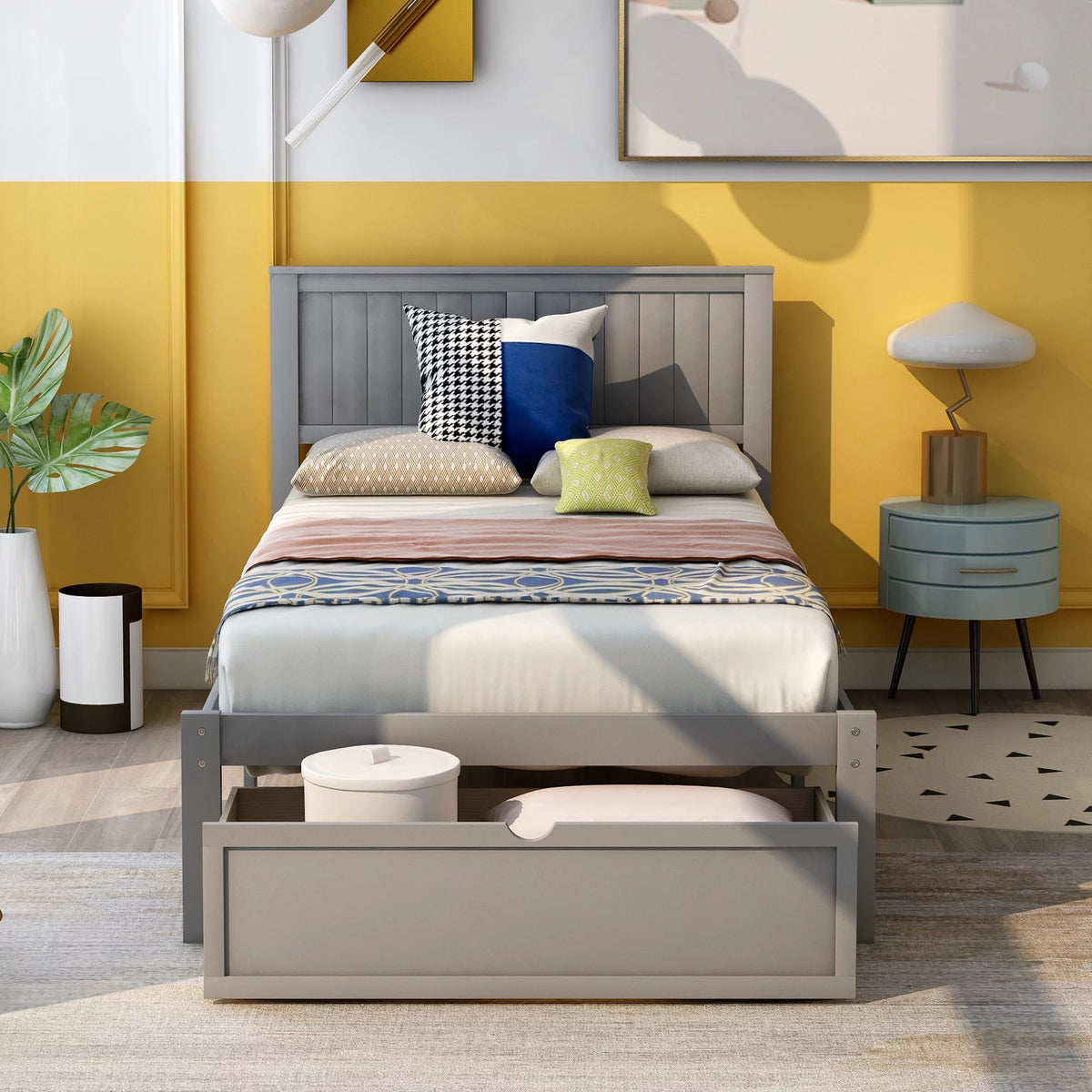 Gray Twin Wood Platform Bed with Headboard and Storage Drawer V510465