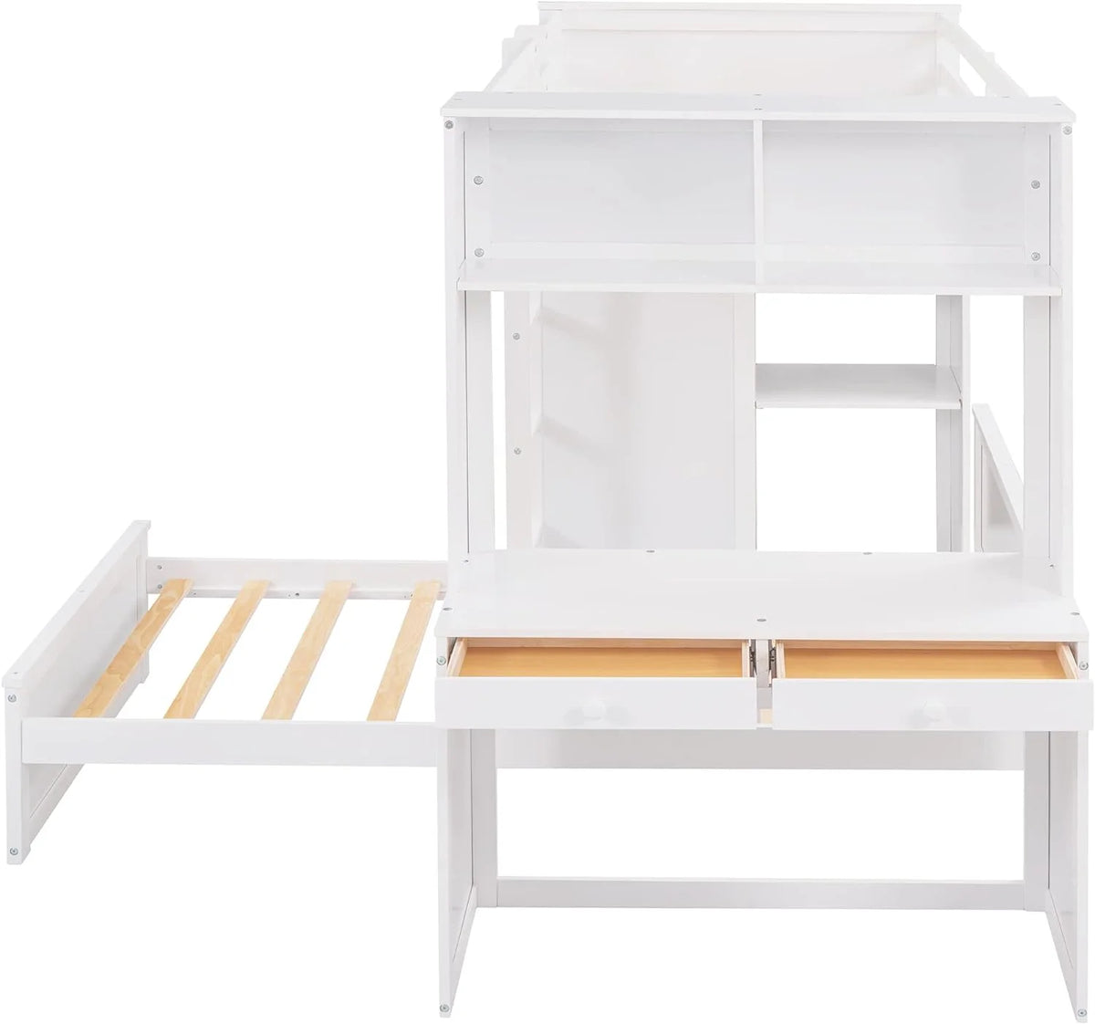 White Wooden Over Bunk Bed with Desk and Drawers Y690758
