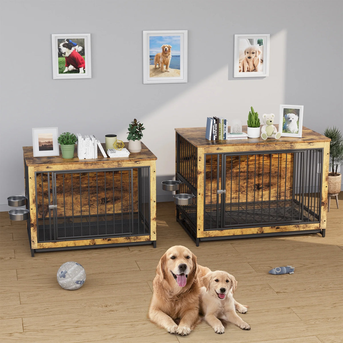 44.1'' Wooden Dog Crate with 2 Stainless Steel Bowls B4900