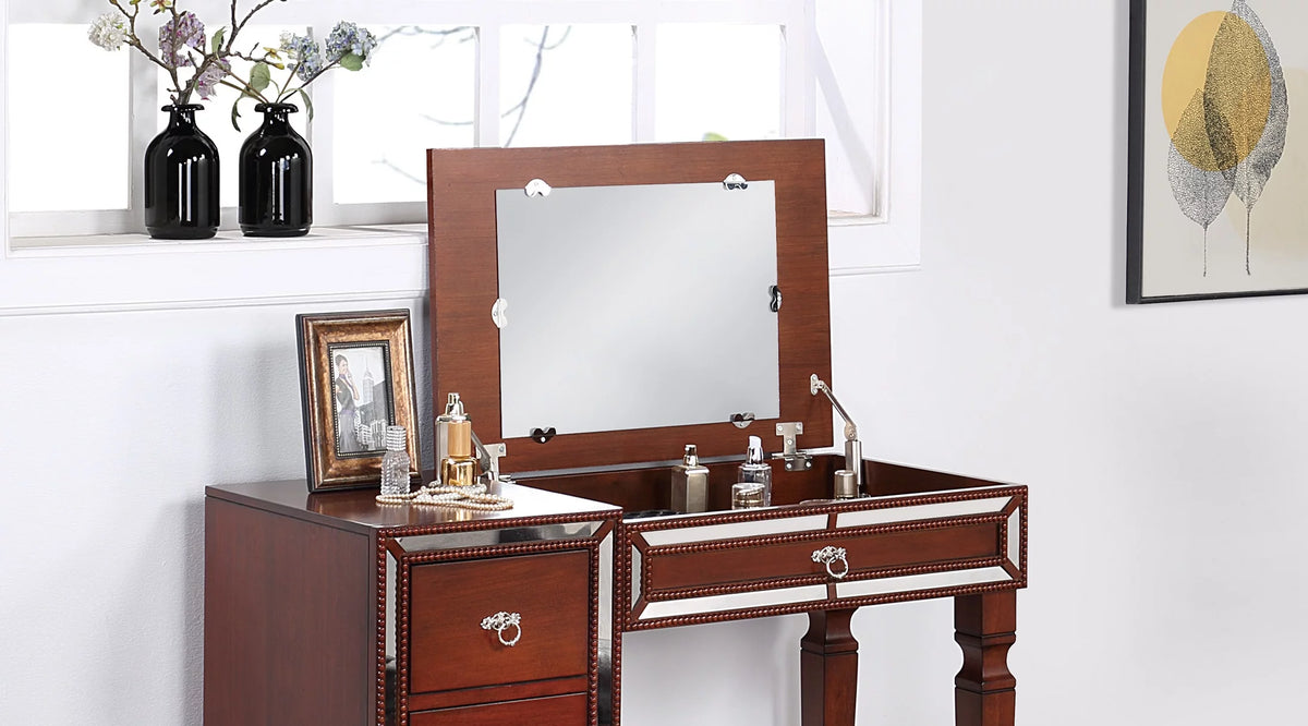 Cherry Color Vanity Set with Stool and Storage Drawers A12307