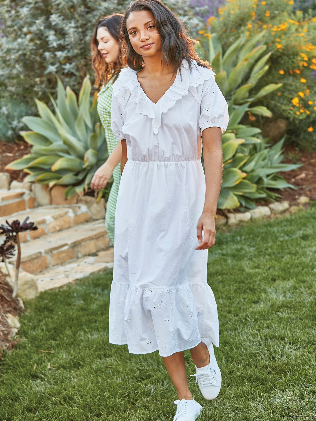 Women's Eyelet Ruffle Midi Dress with Short Sleeves T1739