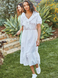 Women's Eyelet Ruffle Midi Dress with Short Sleeves T1739