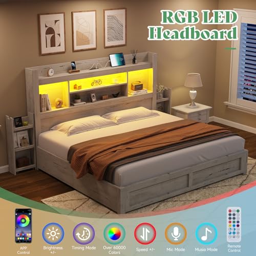 Queen Bed Frame with 4 Storage Drawers and Bookcase Headboard N61115