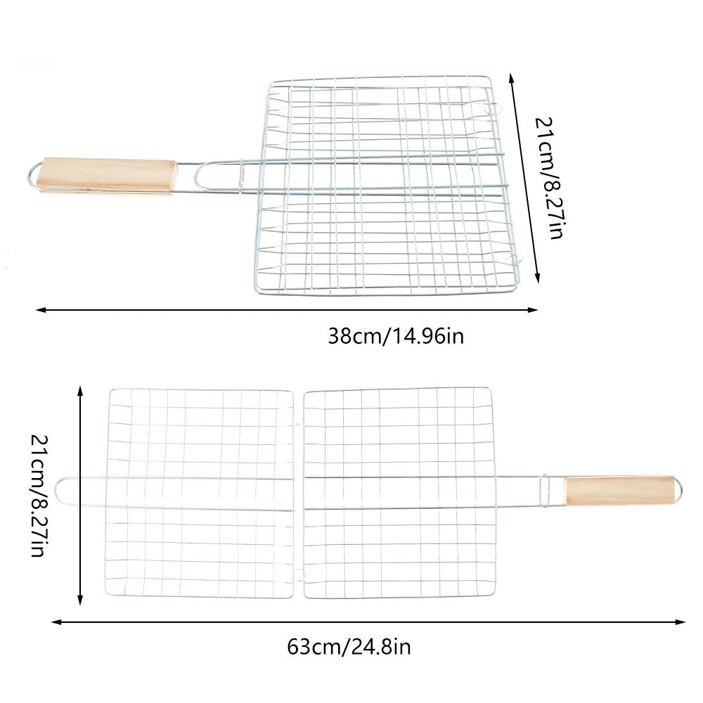 Stainless Steel Folding Barbecue Grilling Basket with Wooden Handle E128383