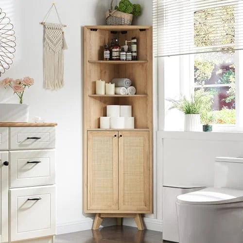 Natural Rattan Bathroom Floor Cabinet with Sliding Door & 3 Drawers J2129