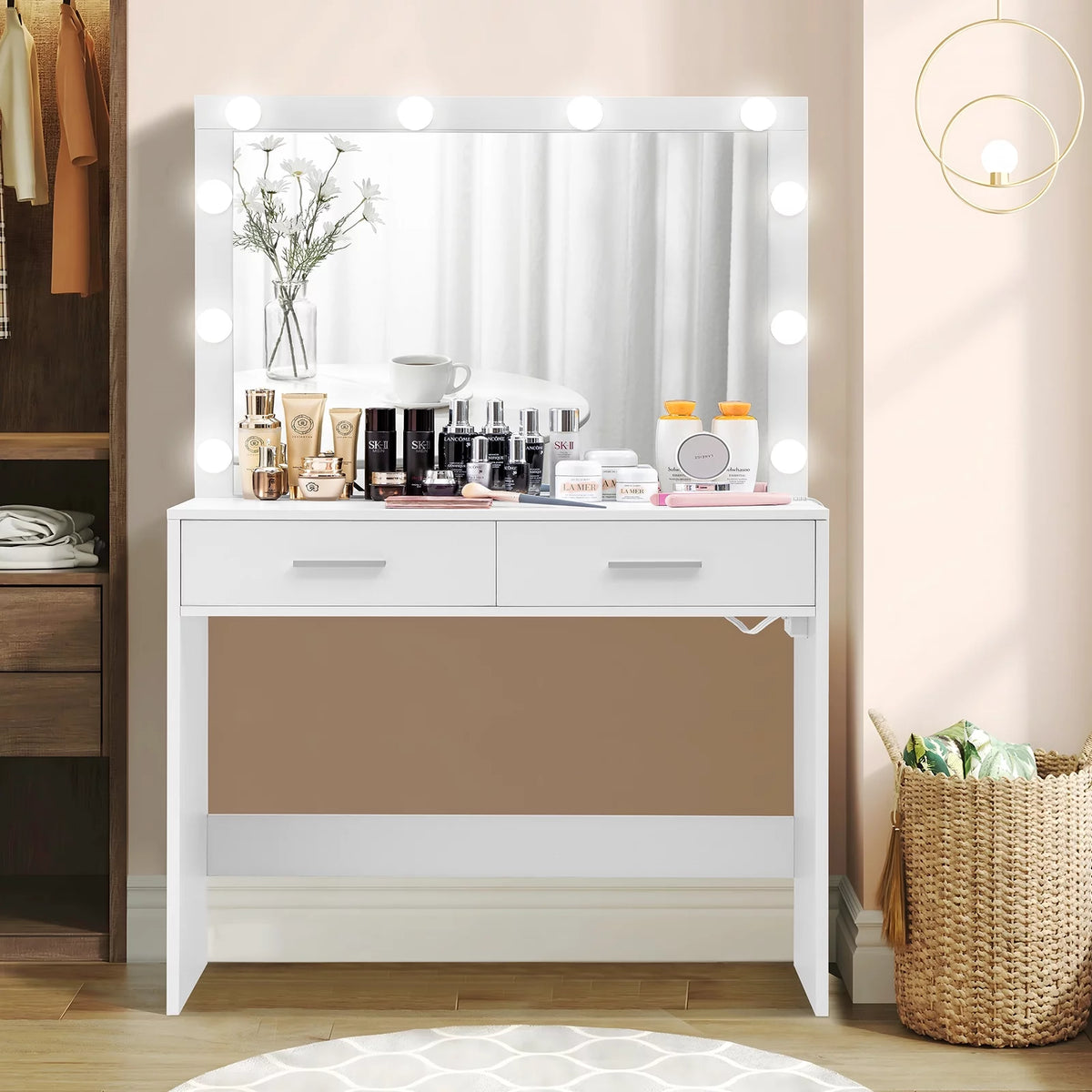 White Makeup Vanity Desk with Lighted Mirror and 2 Drawers R85126