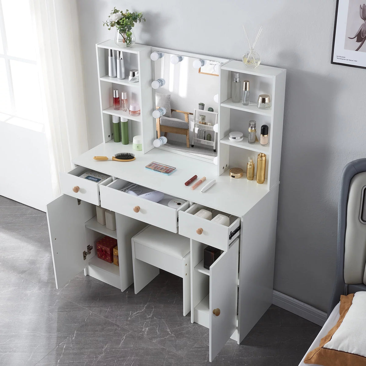 White Vanity Set with Lighted Mirror and Stool J2301
