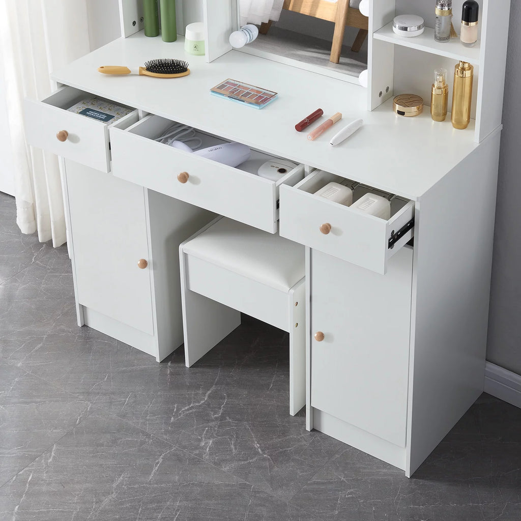 White Vanity Set with Lighted Mirror and Stool J2301