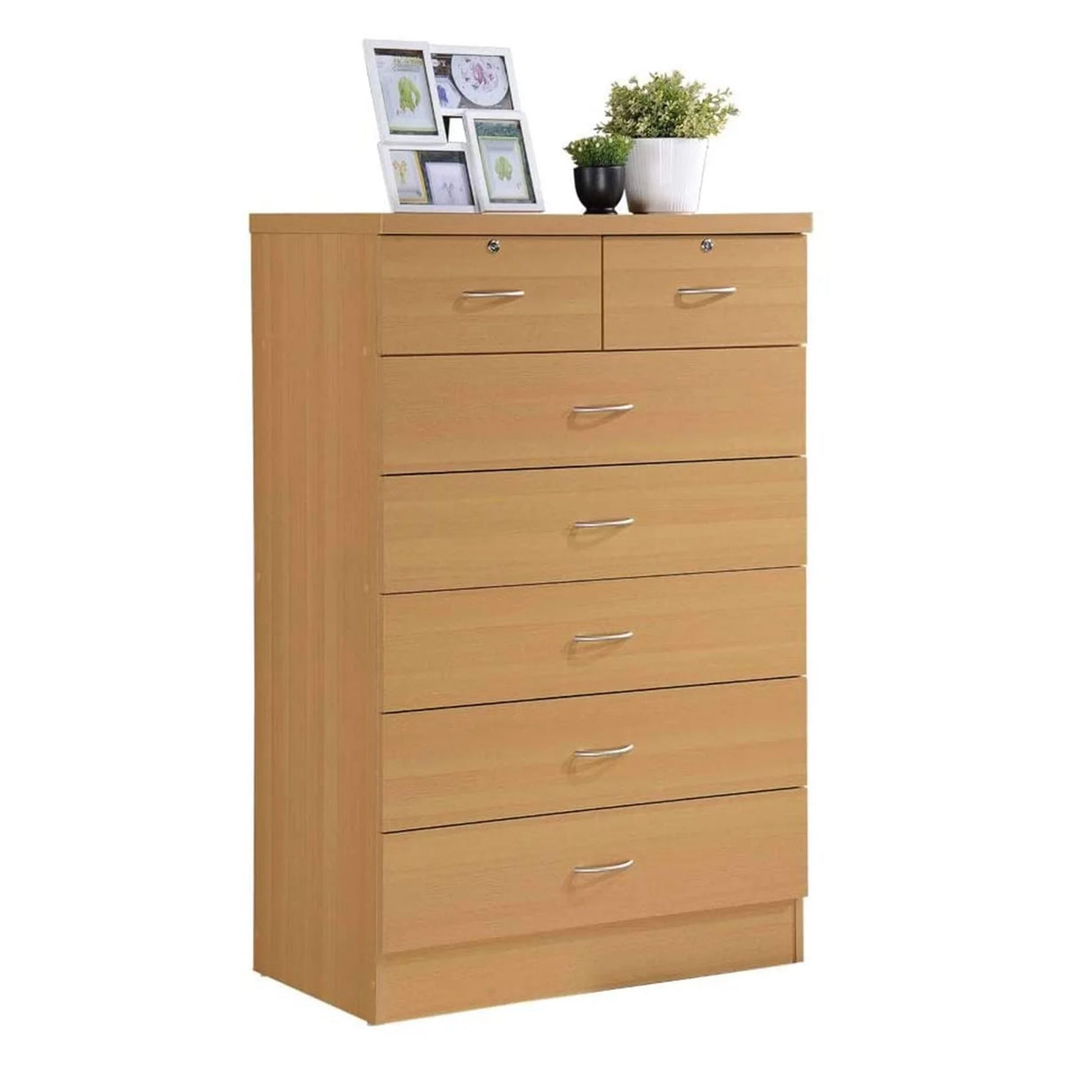 7 Drawer Wooden Jumbo Dresser Chest with 2 Top Locks, Cherry J6235