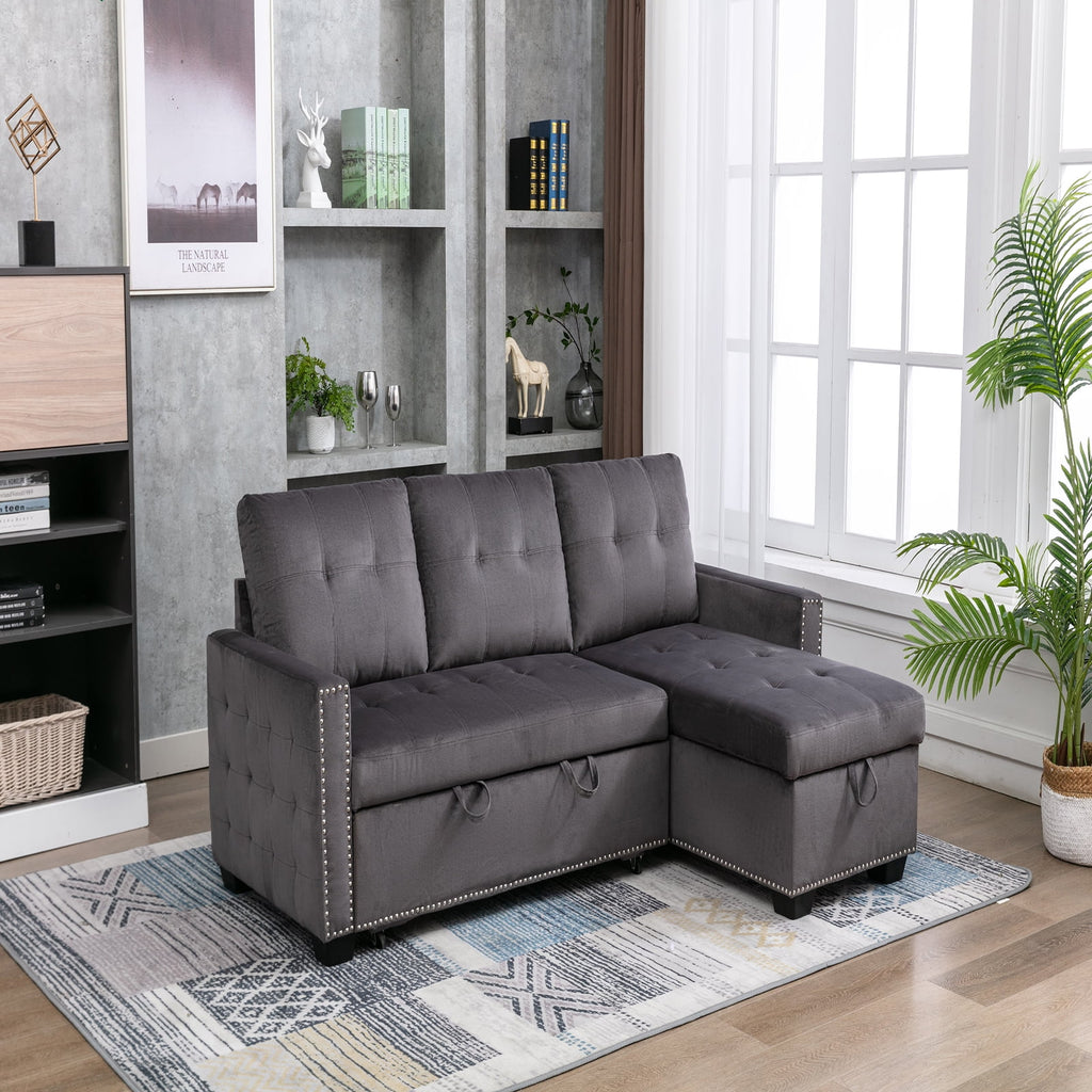 Gray Velvet Reversible Sleeper Sofa with Storage Chaise R95993