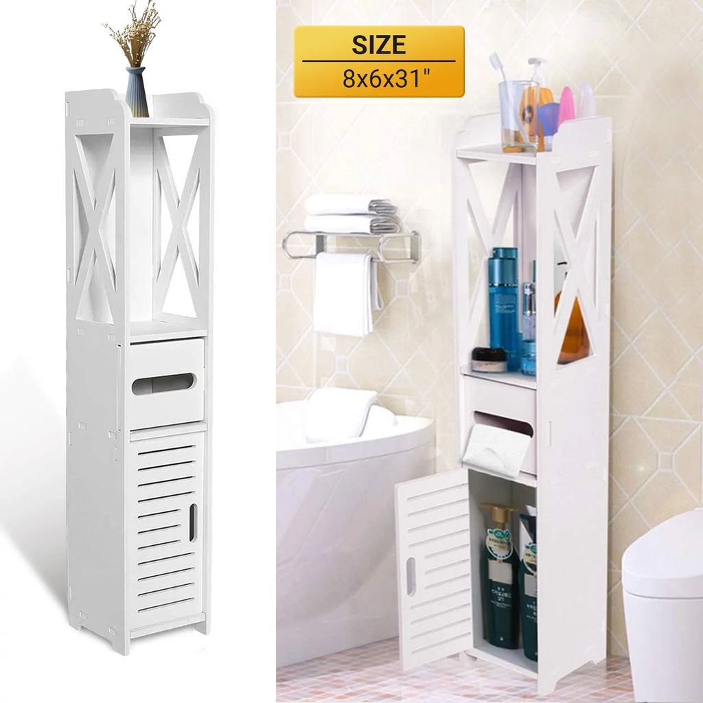 White 4 Tier Bathroom Storage Cabinet with 1 Door and 3 Shelves P7498