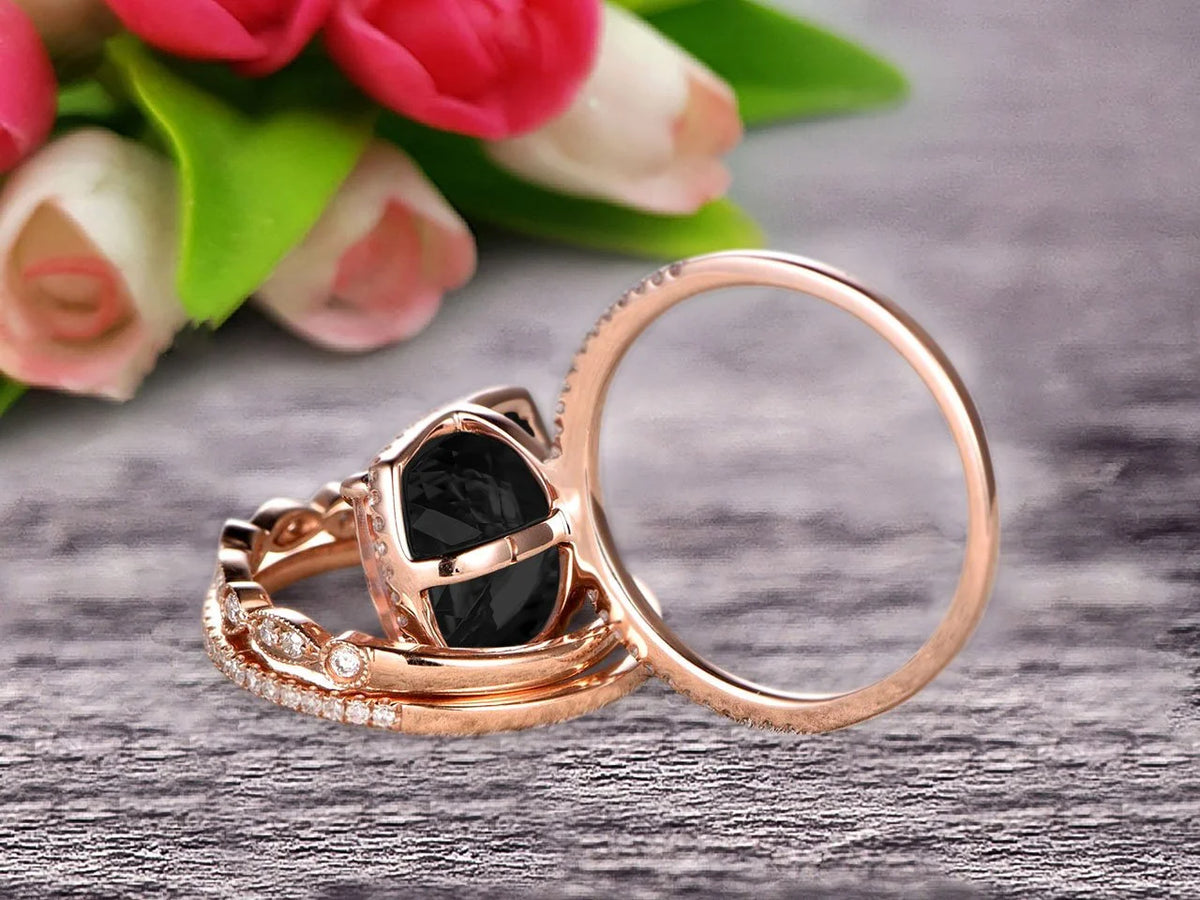 3 Carat Cushion Cut Black Diamond Moissanite Trio Set Ring On 10k Rose Gold N4580