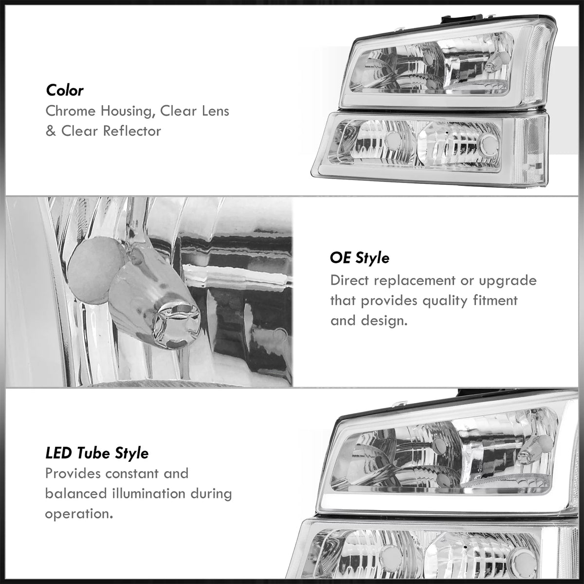 LED DRL Chrome Housing Clear Lens Signal Headlights LH & RH A82175