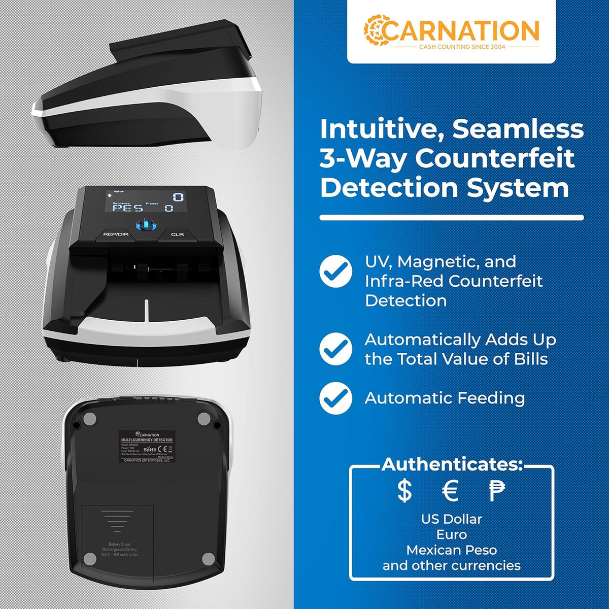 Automatic Counterfeit Bill Detector with Ultraviolet, Magnetic Ink, IR Technology K1294