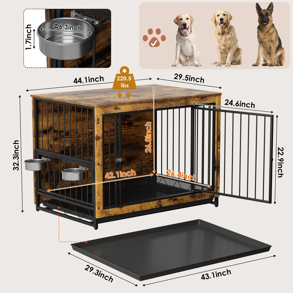 44.1'' Wooden Dog Crate with 2 Stainless Steel Bowls B4900