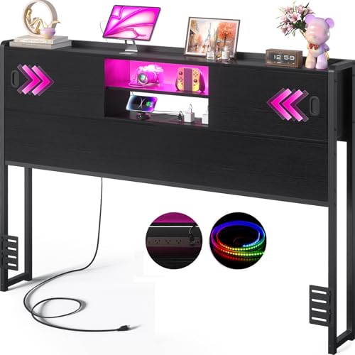 Black Queen Size Storage Headboard with Outlet USB and LED Light N243