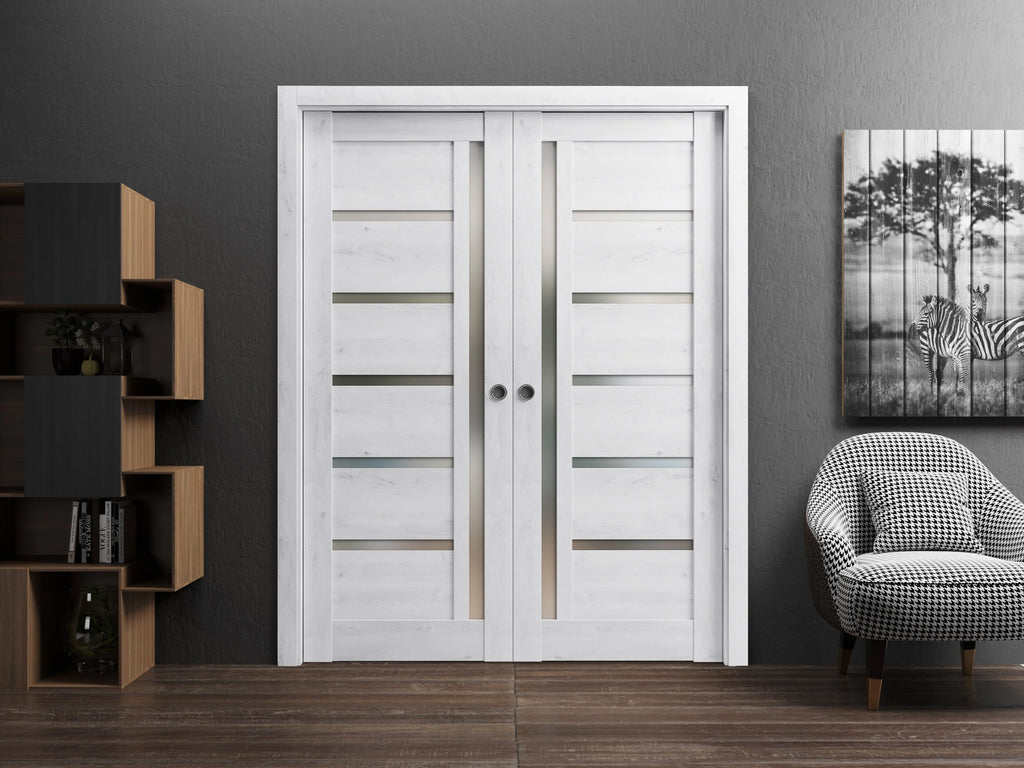 Nordic White Solid Wood Double Pocket Doors with Frosted Glass X217800
