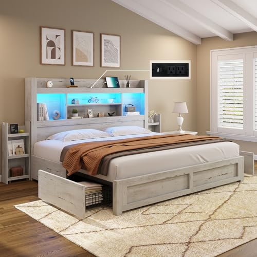 Queen Bed Frame with 4 Storage Drawers and Bookcase Headboard N61115