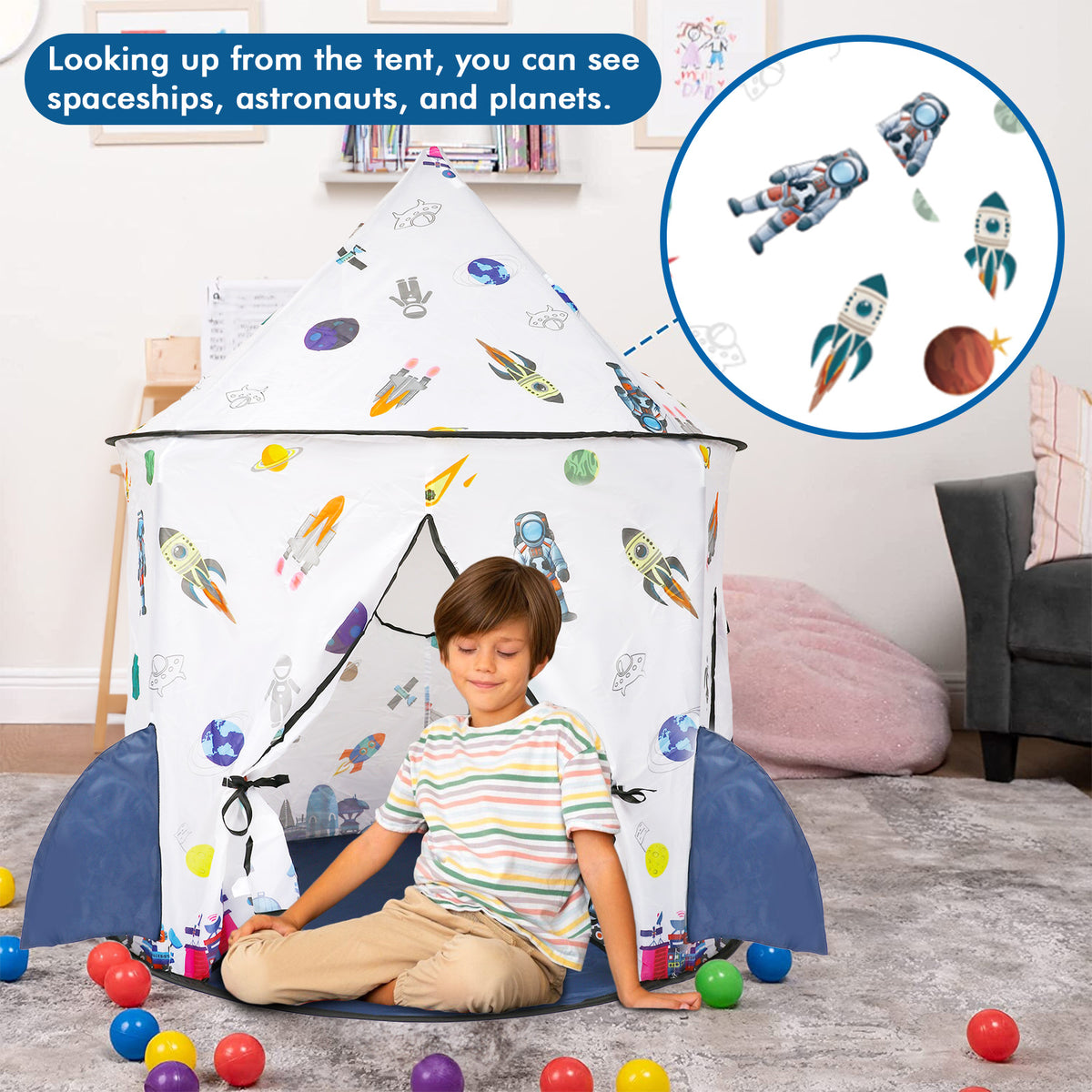 Kids Tent Rocket Ship Toy Foldable Space Themed Indoor Outdoor Large Play Tent H549675