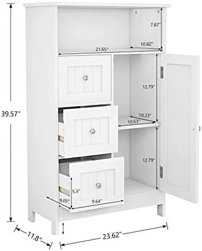 White Corner Bathroom Floor Cabinet with Door and Drawer M98636
