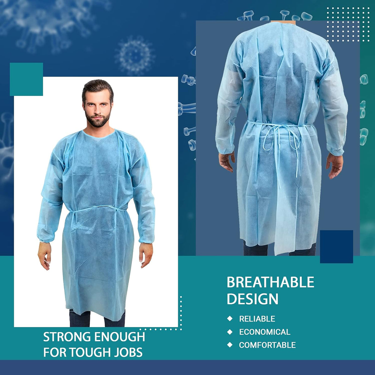 100 Pack Disposable Isolation Gowns Blue Level 2 SMS 40gsm Non-Woven Material T263