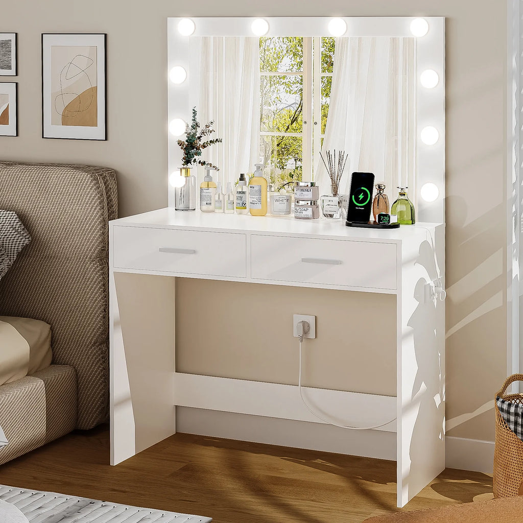 White Makeup Vanity Desk with Lighted Mirror and 2 Drawers R85126