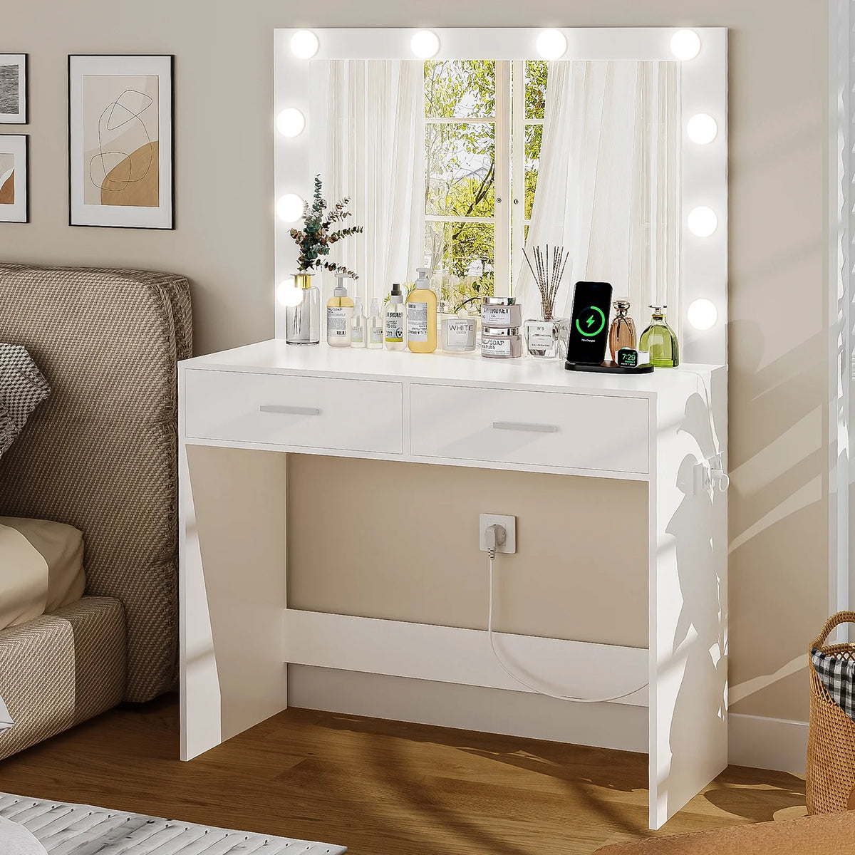 White Makeup Vanity Desk with Lighted Mirror and 2 Drawers R85126