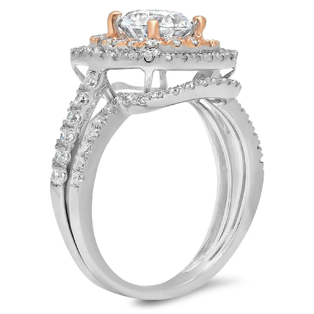 14K White Rose Gold Halo Engagement Ring Set V3772