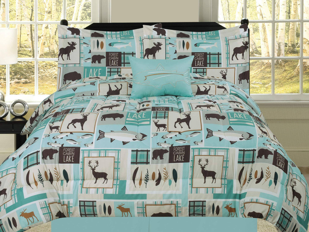 Queen Fishing Lakehouse Cabin Lodge Comforter Bedding Set Bear Fish Deer Rustic, Brown Blue and Teal Q32309