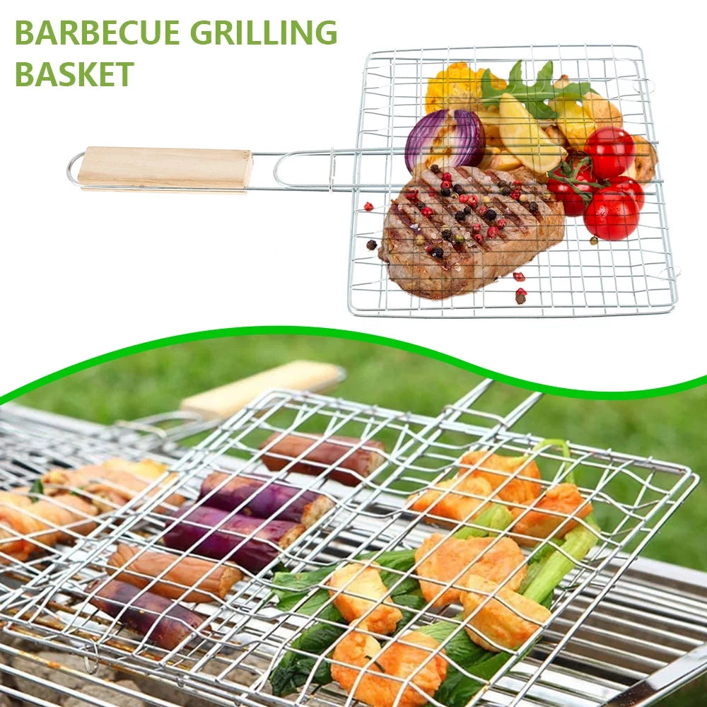 Stainless Steel Folding Barbecue Grilling Basket with Wooden Handle E128383