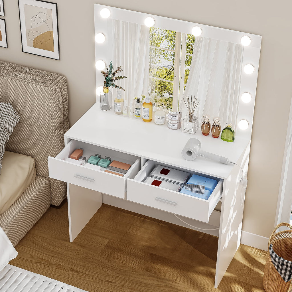 White Makeup Vanity Desk with Lighted Mirror and 2 Drawers R85126