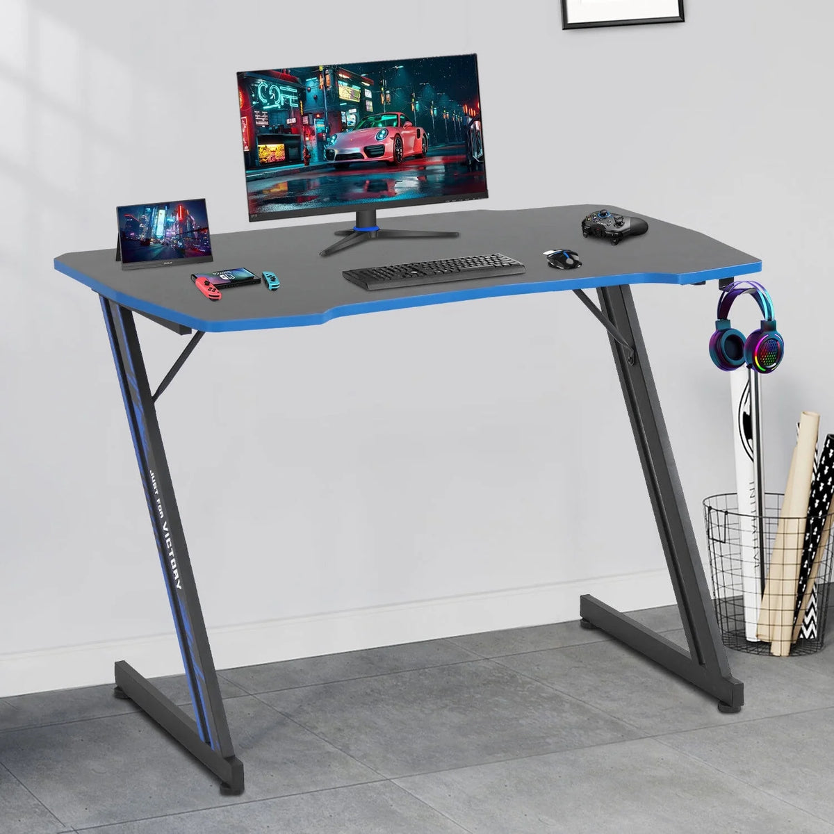 Gaming Desk Z Shaped 39in Ergonomic Gaming Table with Headphone Hook L529
