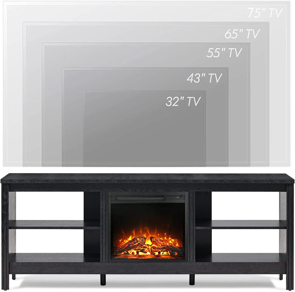 Black Wood Fireplace TV Stand with LED Lights and Storage R967