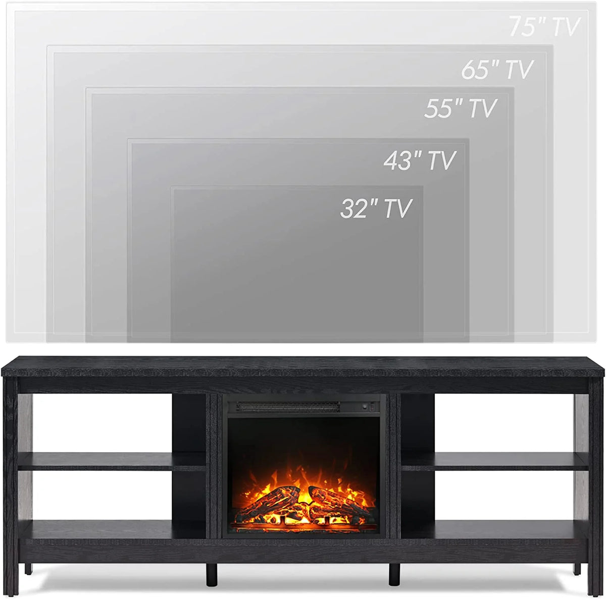 Black Wood Fireplace TV Stand with LED Lights and Storage R967