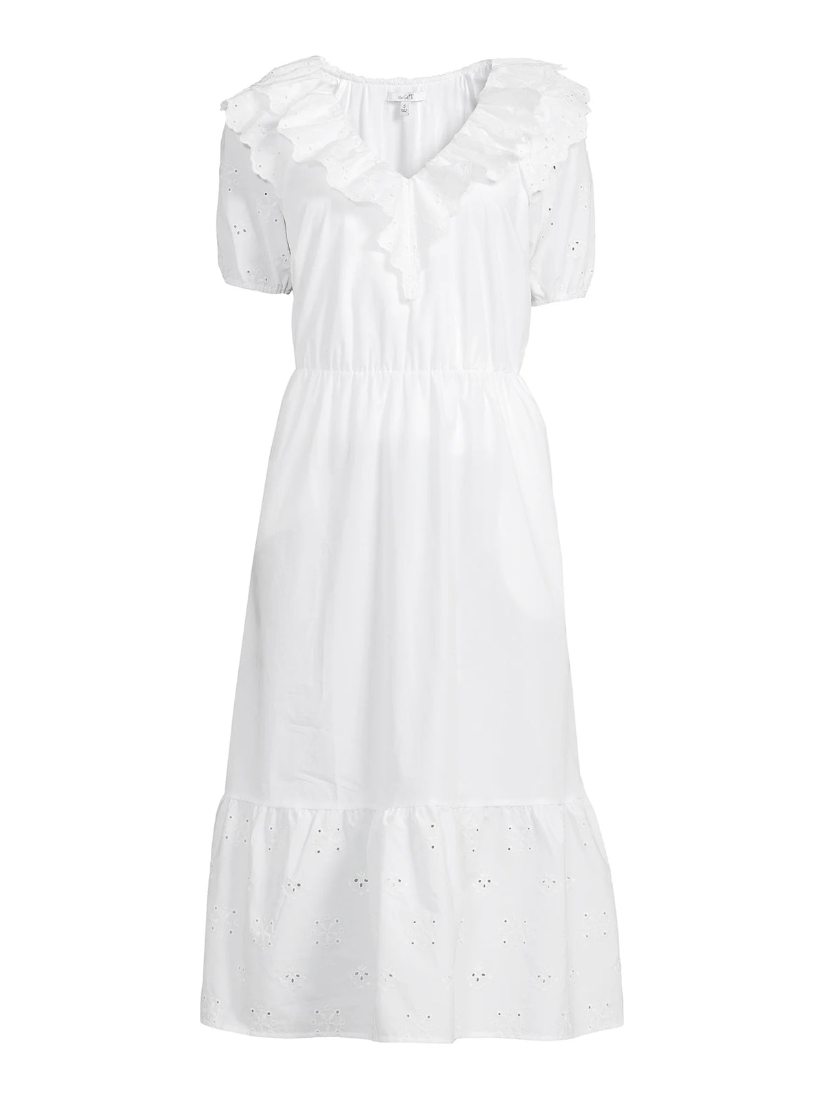 Women's Eyelet Ruffle Midi Dress with Short Sleeves T1739