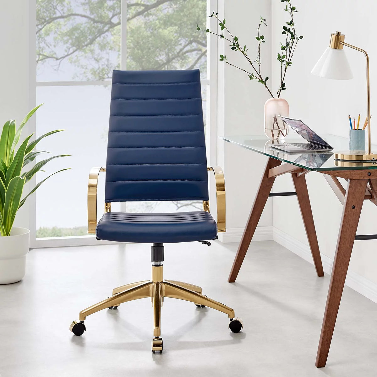 Navy Gold Faux Vinyl Leather High Back Chair V252