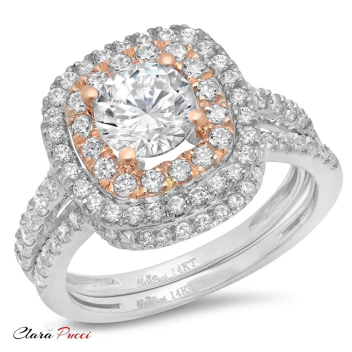 14K White Rose Gold Halo Engagement Ring Set V3772