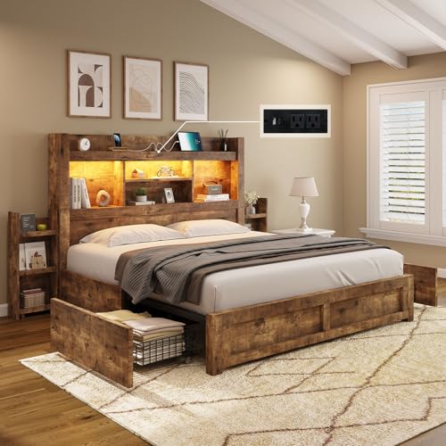 Queen Bed Frame with 4 Storage Drawers and Bookcase Headboard N61115